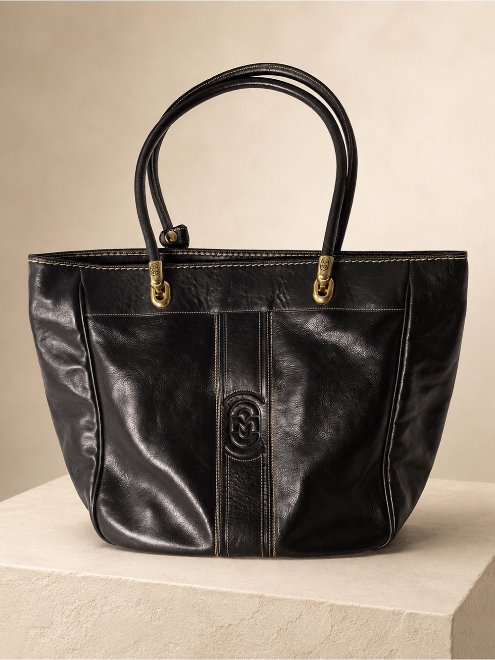 Marino Orlandi Black Genuine Leather Large Tote Bag Made in Italy